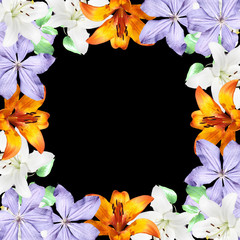 Beautiful floral background of lilies and clematis. Isolated