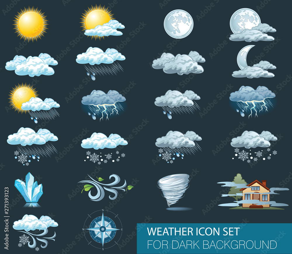 Wall mural vector weather forecast icons with dark background. day and night