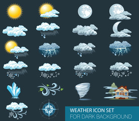 Vector weather forecast icons with dark background. Day and night