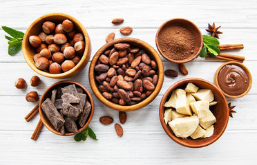 Cocoa beans, butter and chocolate