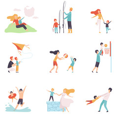 Fototapeta na wymiar Parents and Their Children Spending Good Time Together Set, Happy Family Summer Outdoor Activities Vector Illustration