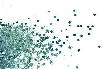 Blue glitter sparkles on white background.