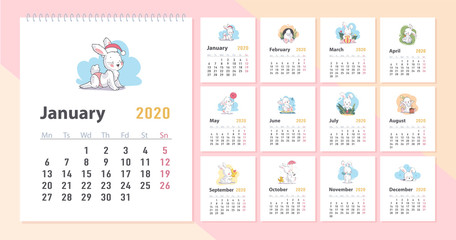 Vector baby calendar for 2020 year template with cute little funny white bunny character in cartoon hand drawn style walking, laughing, sitting, playing etc. Advent calendar design.