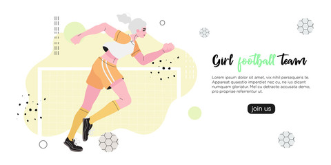 Vector illustration of a girl in a professional uniform playing football or soccer. Creative banner, poster, flyer or landing page for a women soccer, football club, game or friendly match. 