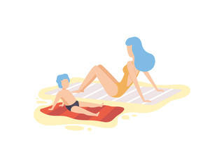 Mother and Her Son Sunbathing on Sandy Beach, Happy Mom and Son Enjoying Summer Vacation on Seashore Vector Illustration