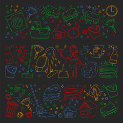 cleaning services company vector monochrome pattern on black background, drawing colorful chalk.