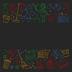 cleaning services company vector monochrome pattern on black background, drawing colorful chalk.