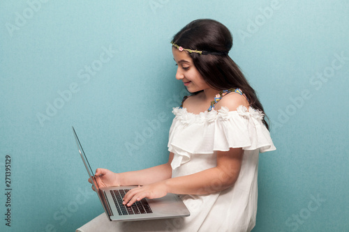 Beautiful Happy Teenager Girl With Long Black Hair In White Dress