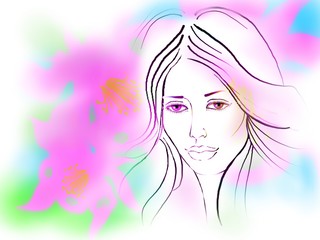 color sketch of a portrait of a beautiful girl on a floral background
