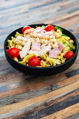 cereal specialties cooked with salad, roasted chicken aiguillette cured with salted and bacon