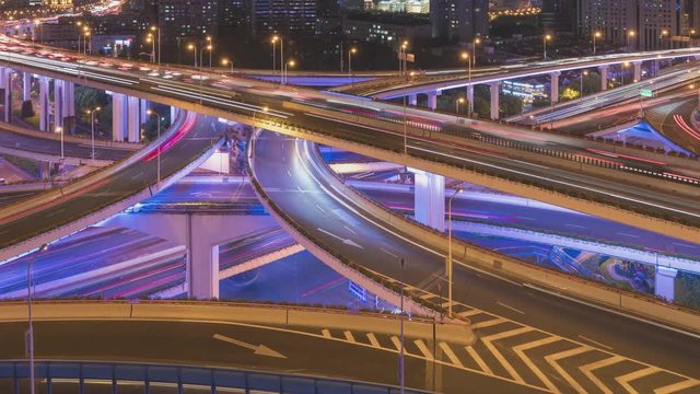 4k time lapse video with no camera movement of highway crowed traffic at night timein Shanghai