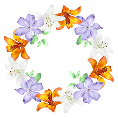 Obraz premium Beautiful floral circle of lilies and clematis. Isolated