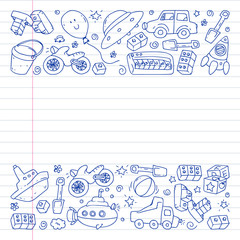 Vector pattern with kindergarten, toy children. Happy children illustration. pen drawing on notebooks in a ruler.