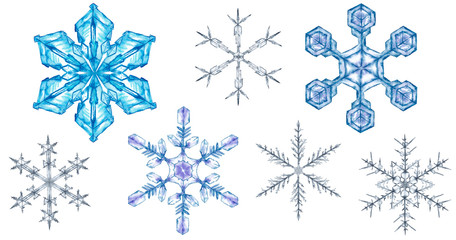 Isolated elements. Realistic snowflakes.