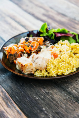 chicken peas, carrots, mushrooms and sauce