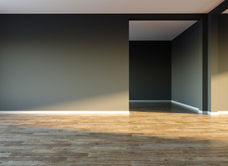 Empty room with big window and sun light. 3D illustration.