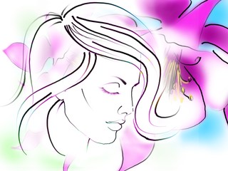 color sketch of a portrait of a beautiful girl on a floral background