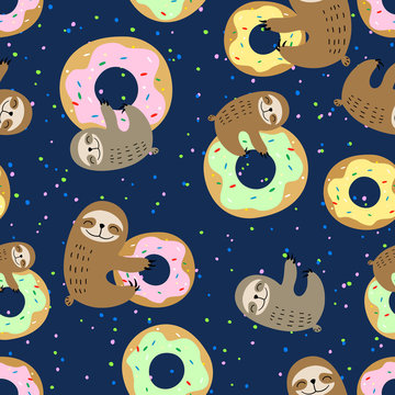 Seamless pattern. Cute sloth with sweet doughnuts. Sweet tooth. Vector.