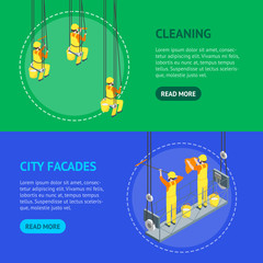 Cleaning Professional Worker Washed Window Concept Banner Horizontal Set 3d Isometric View. Vector