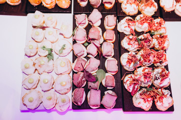 Variety assortment of different luxury food snacks and appetizers, concept of decorated catering banquet set, on a party event celebration
