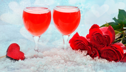 Romantic still life, red roses with wine glasses on white snow background. Valentine's day concept.