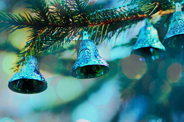 blue bells christmas decoration hanging on tree