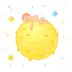 Vector illustration of a baby sleeping on the moon. Realistic cartoon baby in diaper. Illustration for diaper package or ad.