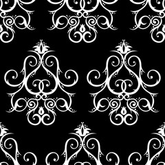 Seamless pattern with floral ornament. Black and white background.