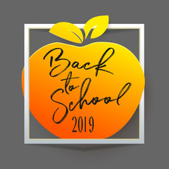 Back to school on apple symbol in paper frame, vector illustration. Paper art cut out style. Calligraphy typography.