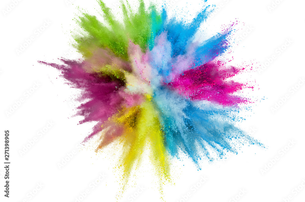 Wall mural Colored powder explosion on a white background. Abstract closeup dust on backdrop. Colorful explode. Paint holi