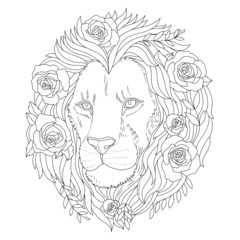 Lion with flowers coloring book illustration. Lion coloring page. Vector outline illustration. Anti stress coloring book. Lion print.