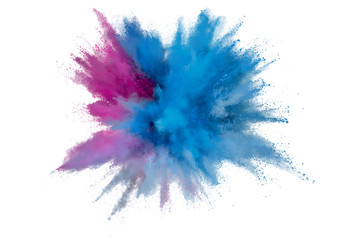Colored powder explosion on a white background. Abstract closeup dust on backdrop. Colorful...