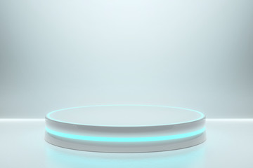 Futuristic interior with empty stage. Modern Future background. Technology Sci-fi hi tech concept.