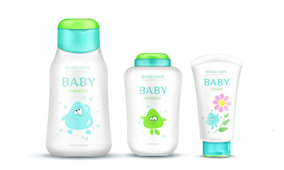 Baby cosmetics package set with kids design, plastic bottles mock up of cream, shampoo, soap, foam, moisturizer with cartoon character isolated on white background. Realistic 3d vector illustration