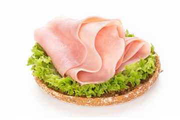Sandwich with pork ham on white background.