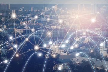 View of modern city with location pointers