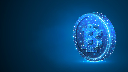 Bitcoin cryptocurrency on a Coin. Polygonal business, money, currency, cash, circle concept. Abstract, digital, wireframe low poly mesh vector blue neon 3d illustration. Triangle line dot