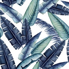 Seamless Pattern of Watercolor Palm and Banana Leaves