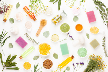 Spa aromatherapy floral background, flat lay.