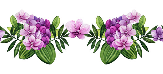 Fototapeta na wymiar Seamless Border of Watercolor Orchid Flowers and Leaves