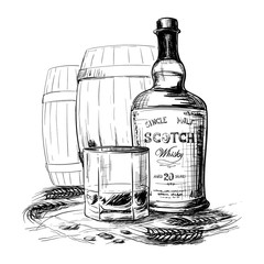 Scotch whiskey bottle, glass and casks with some barley ears and grains. Black and white ink style drawing isolated on white background. EPS10 vector illustration.