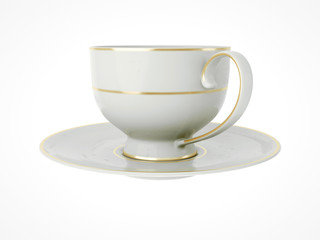 Isolated antique porcelain cup with gold on white background. 3D Illustration