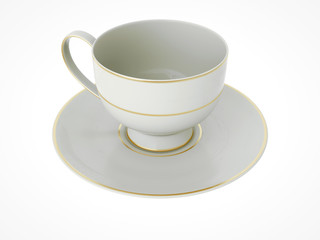 Isolated antique porcelain cup with gold on white background. 3D Illustration