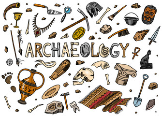 Set of archeology tools, science equipment, artifacts. Excavated fossils and ancient bones. Hand drawn Doodle sketch style.  - obrazy, fototapety, plakaty