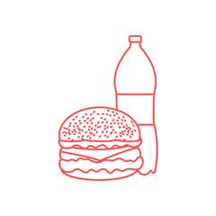 Burger and bottle of soda water.