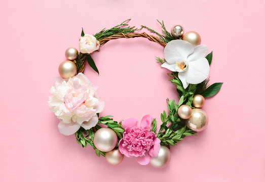 Christmas floral wreath with blooming peonies