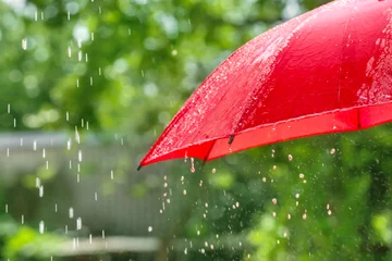 Fotobehang Red umbrella outdoors on rainy day © Pixel-Shot
