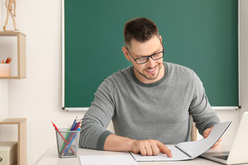 Handsome male teacher checking homework in classroom