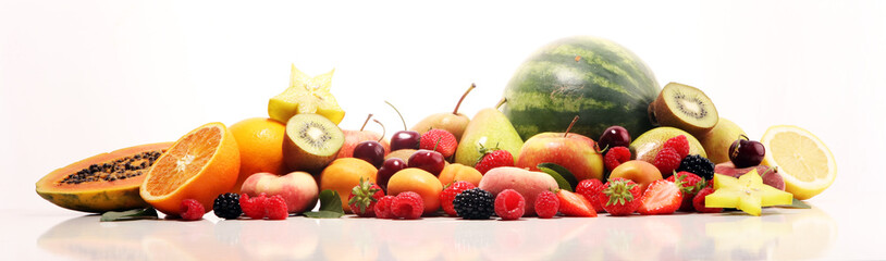Fresh summer fruits with apple, peach, papaya, berries, pear and apricot.