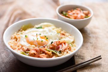 Kimchi noodle spicy soup with egg and vegetables, Korean food